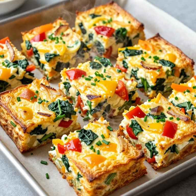 Golden baked veggie egg squares with colorful peppers, onions, and spinach on sheet pan