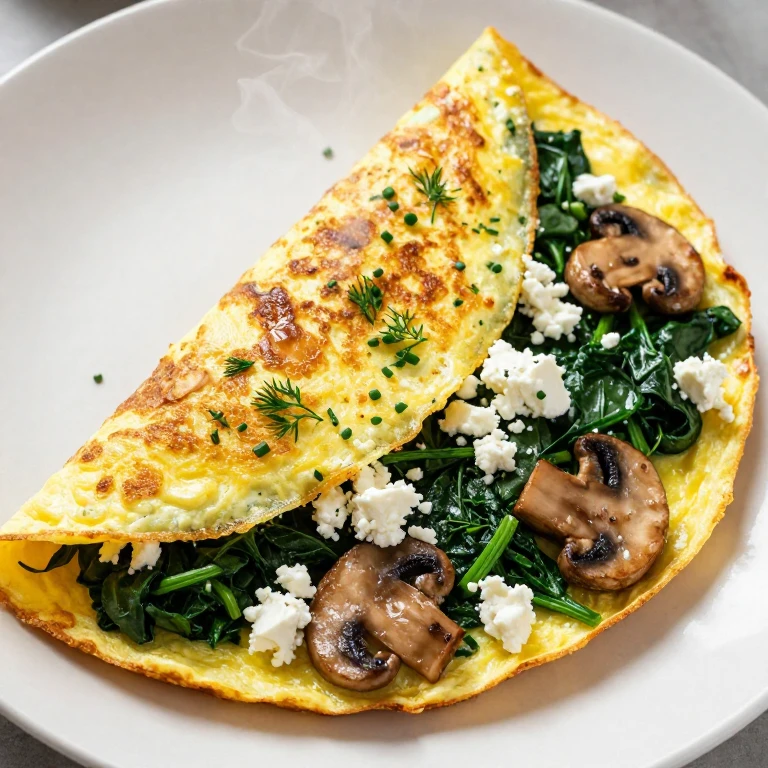 fluffy folded omelette with mushrooms, spinach, and feta cheese on white plate