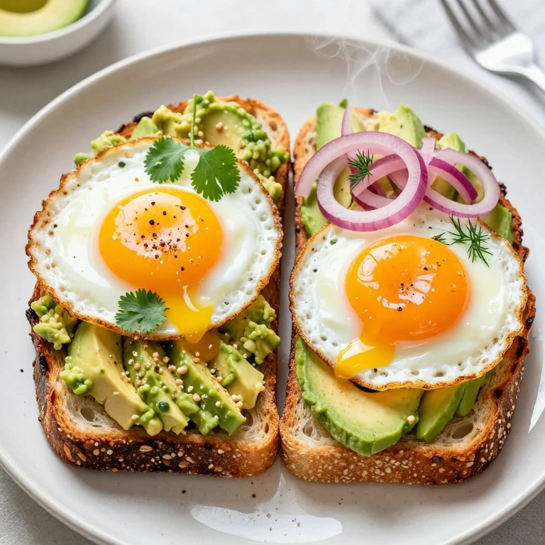avocado egg toast two ways with sunny and jammy eggs, crispy toasted bread, fresh herbs