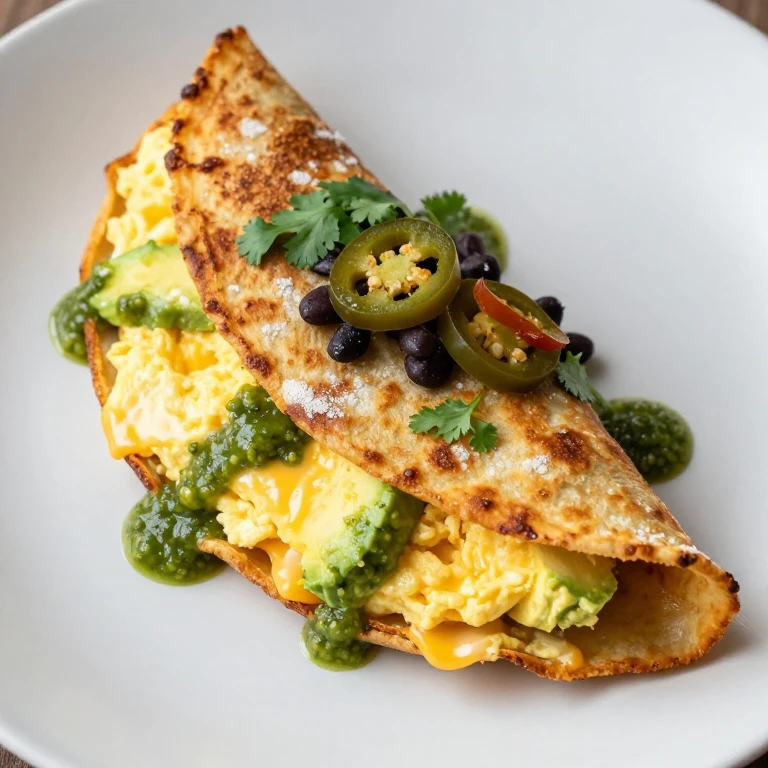 Golden crispy tortilla egg fold with melted cheese, salsa verde, and fresh avocado slices