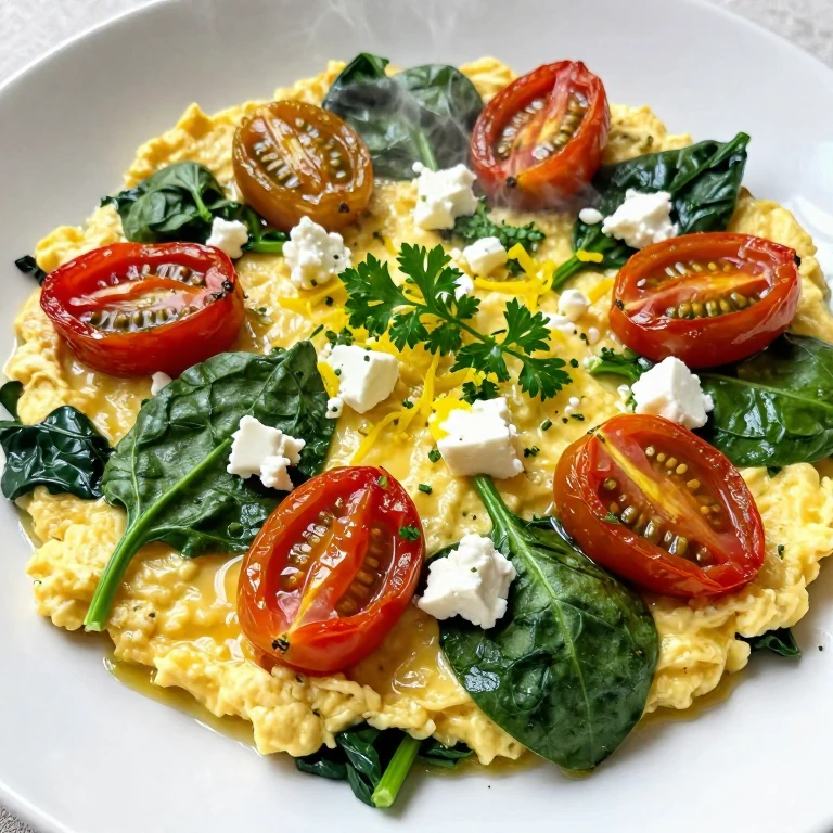 Mediterranean spinach and tomato egg scramble with feta and fresh herbs on white plate
