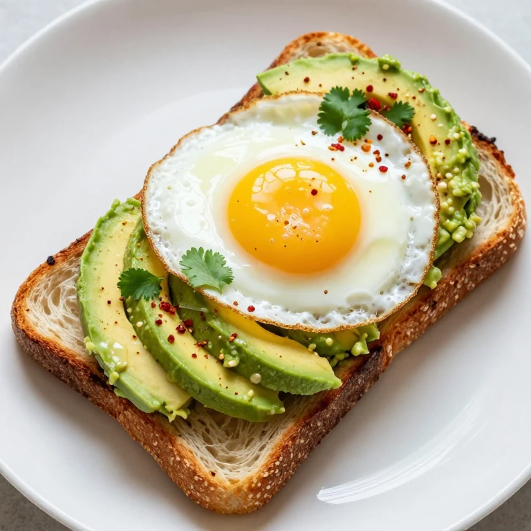 Golden sourdough toast with creamy avocado, runny egg yolk, and chili flakes