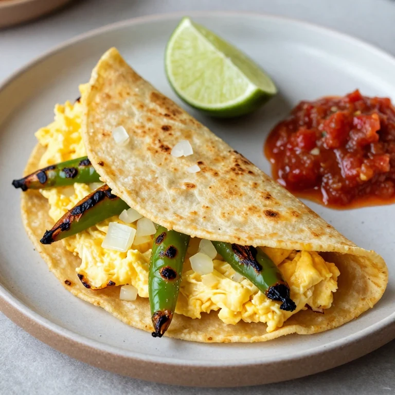 Folded corn tortillas filled with scrambled eggs and charred poblano peppers