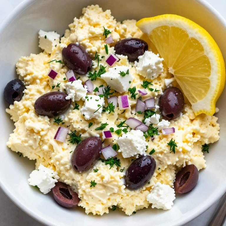 Creamy scrambled eggs with feta cheese, olives, and fresh herbs in bowl