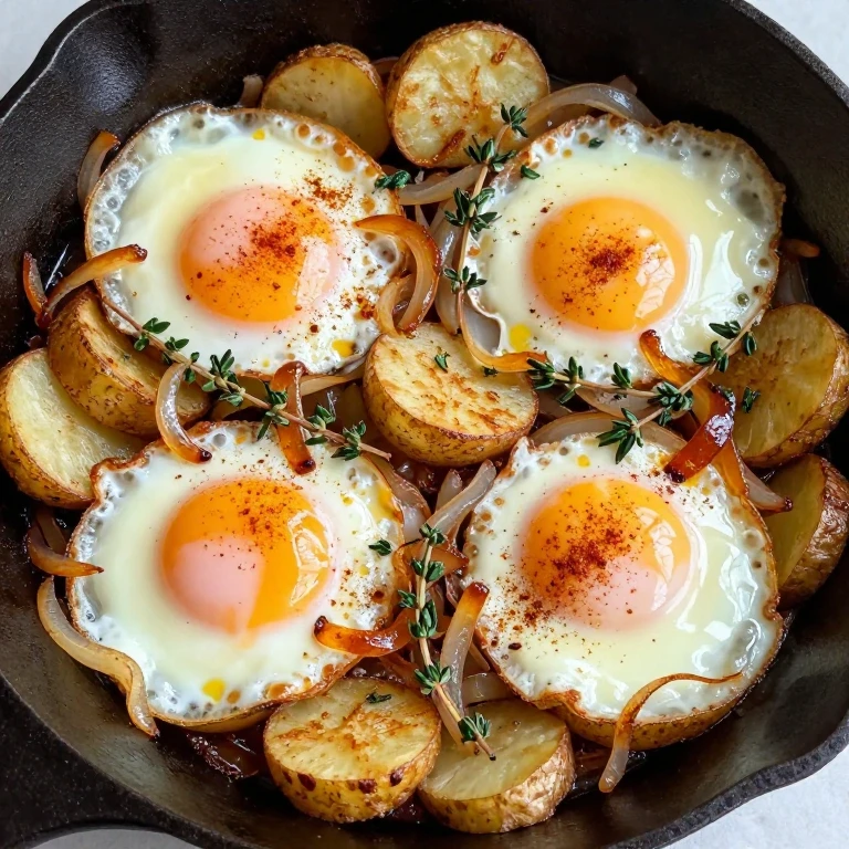 Cast-iron skillet with golden potatoes, caramelized onions, and baked eggs