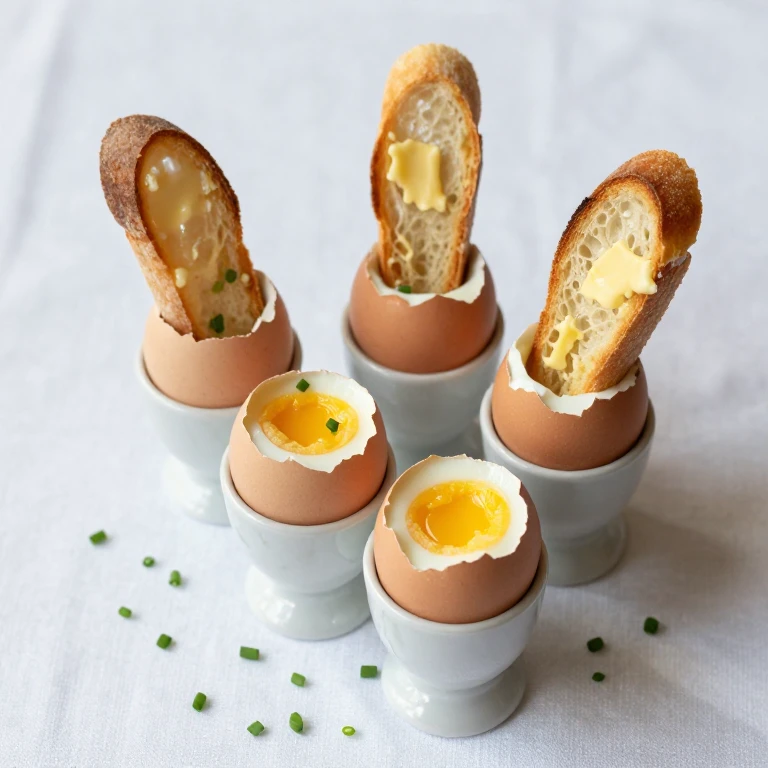 Soft-boiled eggs in cups with golden buttered sourdough toast strips