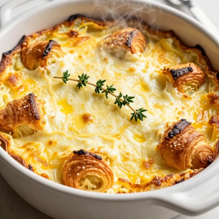 Golden baked croissant casserole with melted Gruyère cheese and thyme