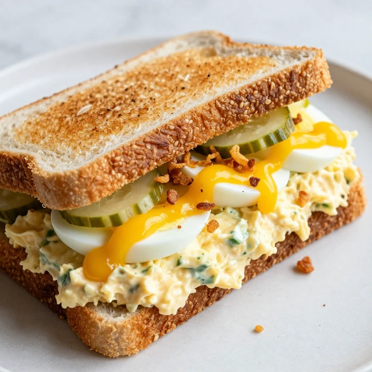 Curried egg salad sandwich on toasted rye with pickled cucumbers