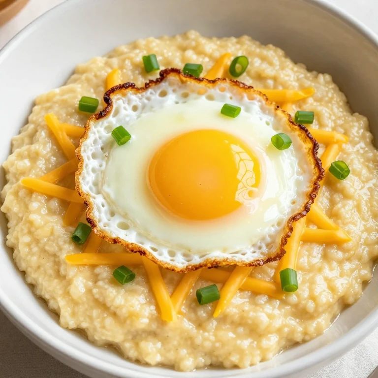 Creamy cheddar grits topped with fried egg and fresh scallions