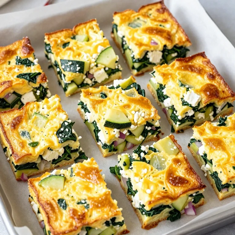 Golden baked egg squares with spinach, zucchini, feta, and red onion