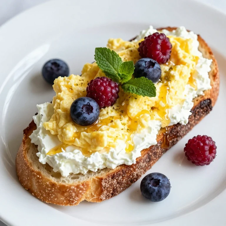 Sourdough toast with whipped cottage cheese, scrambled eggs, berries, and honey