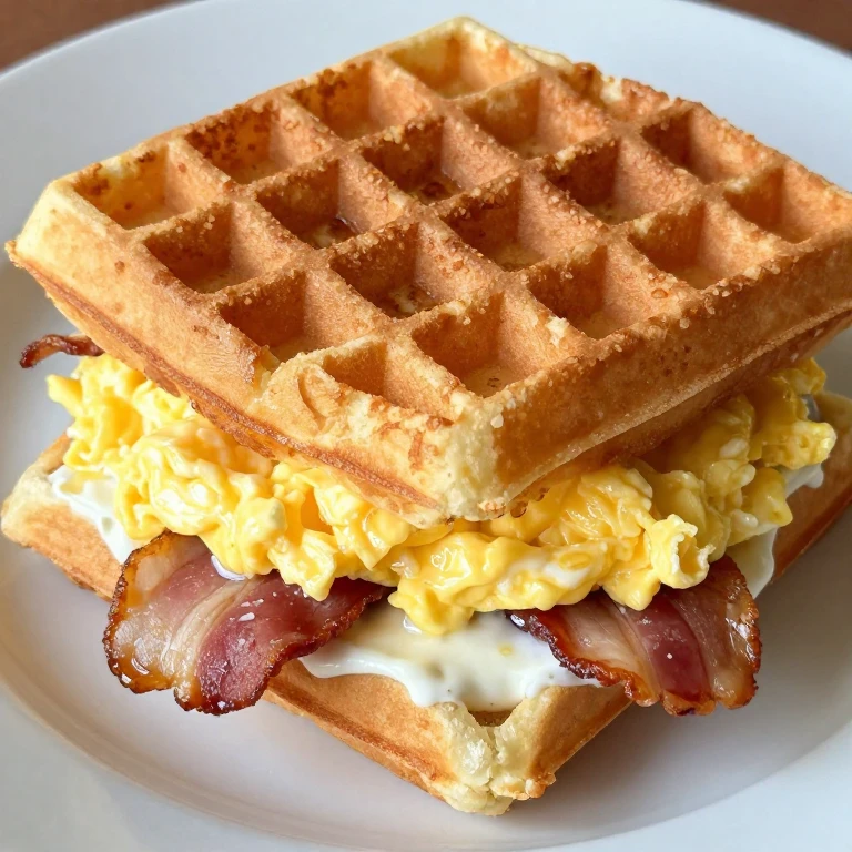 Golden crispy waffles layered with scrambled eggs, bacon, and maple cream cheese