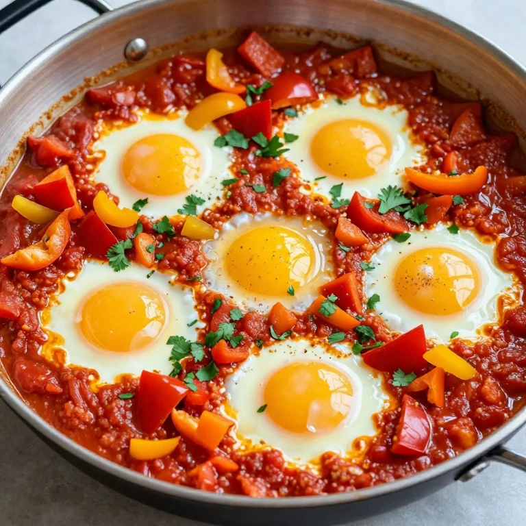 Skillet shakshuka with colorful peppers, tomato sauce, and poached eggs