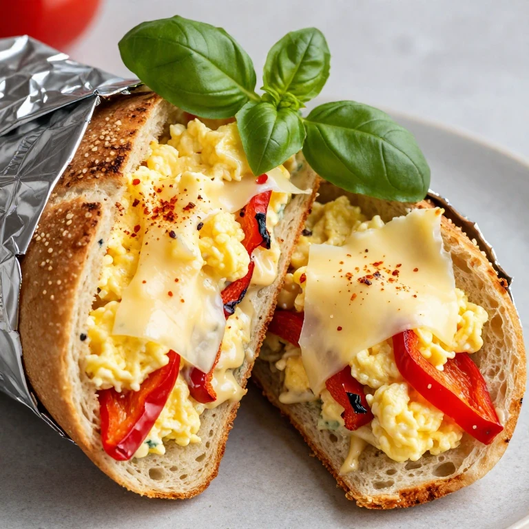 Hero sandwich filled with creamy peppers-and-eggs mixture and melted provolone cheese