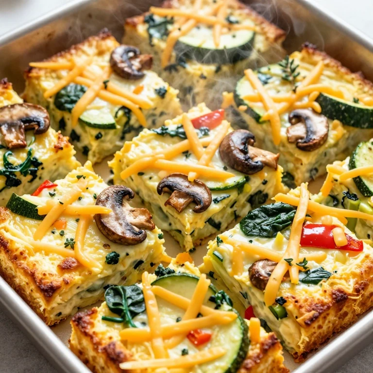 Golden-brown egg squares with roasted vegetables and crispy edges on baking dish