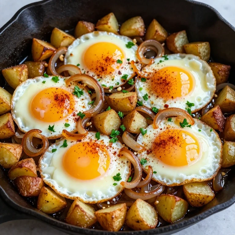 Cast-iron skillet with crispy potatoes, four runny eggs, caramelized onions and fresh parsley