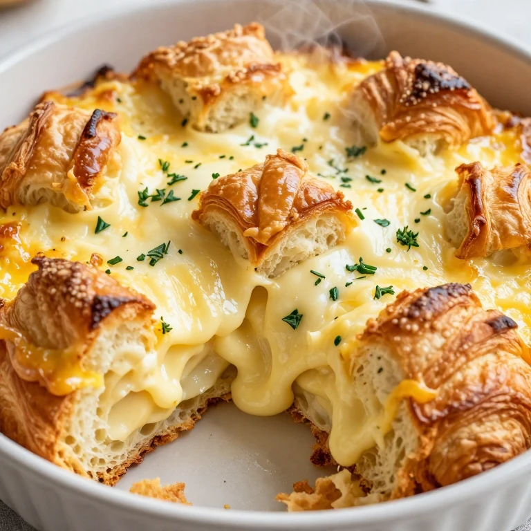 Golden baked croissant casserole with melted Gruyère and fresh herbs on top