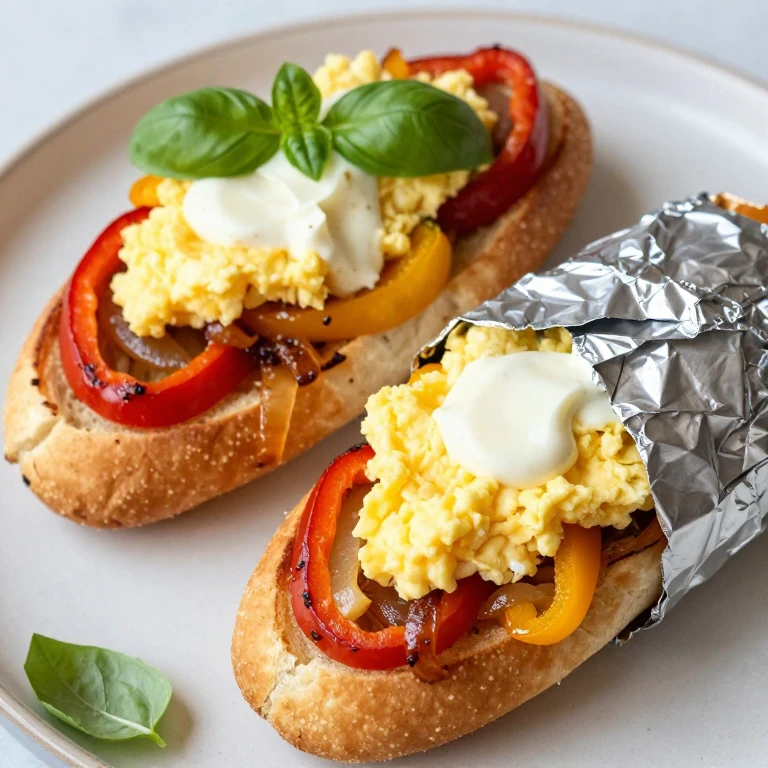 Toasted hero sandwich with scrambled eggs, caramelized peppers, and melted cheese