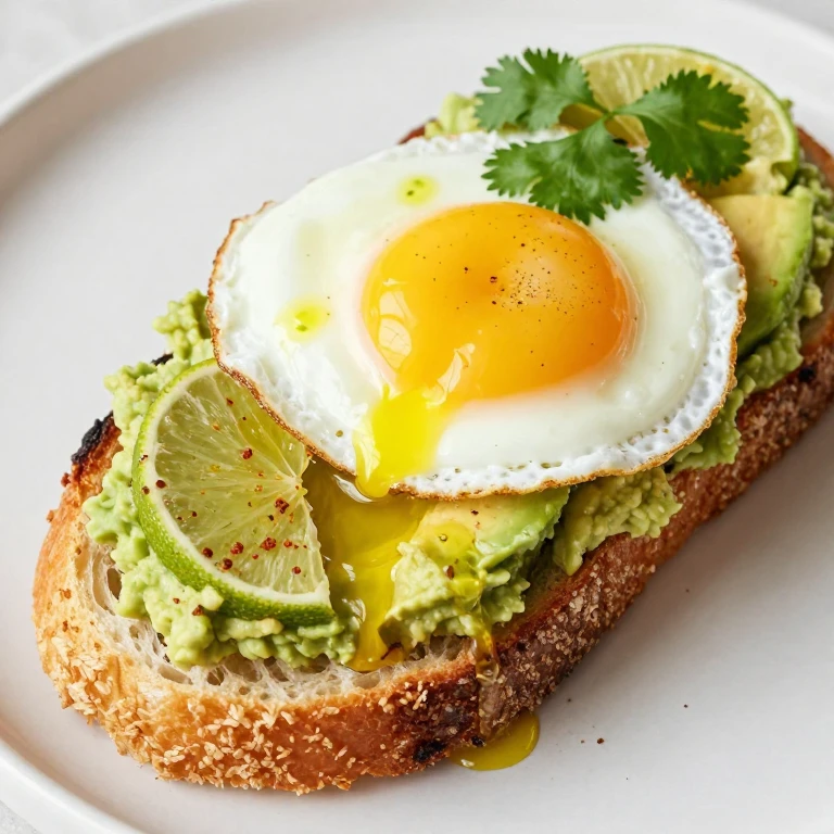 Avocado toast with runny-yolk egg, cilantro, and chili-lime seasoning on crispy sourdough