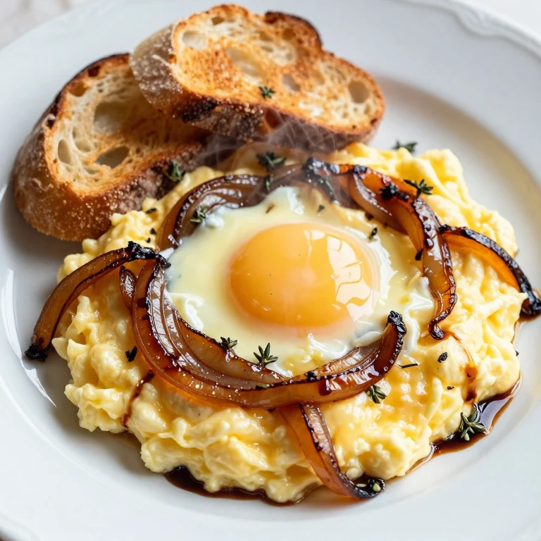 Creamy soft-scrambled eggs with deeply caramelized onions and melted Gruyère on sourdough