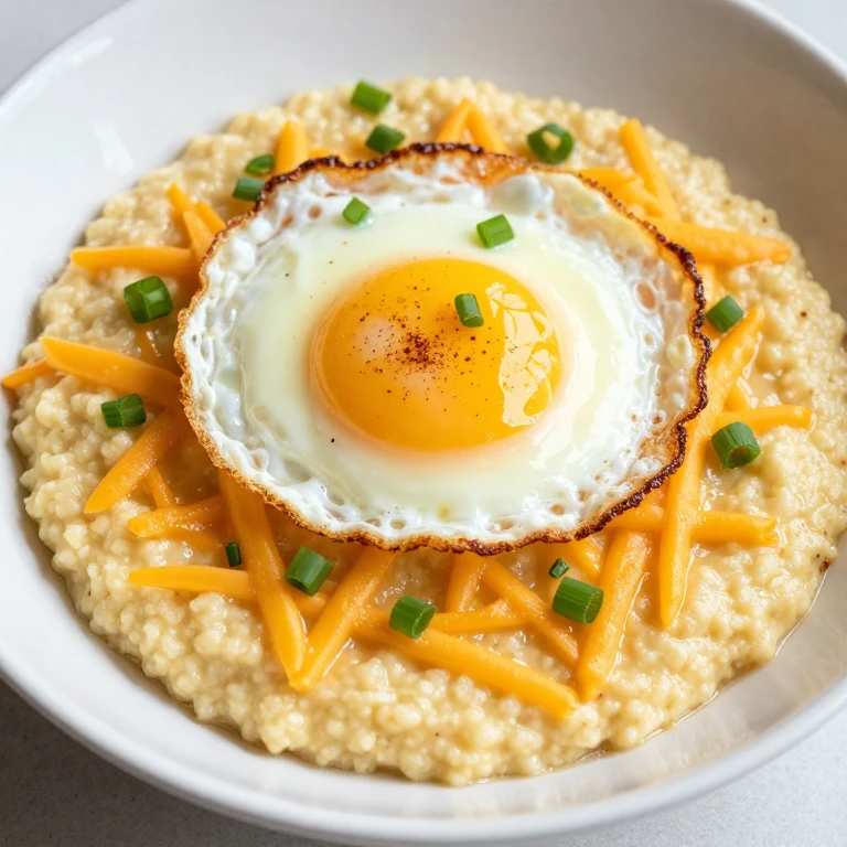 Creamy cheddar grits topped with fried jammy egg and fresh scallions