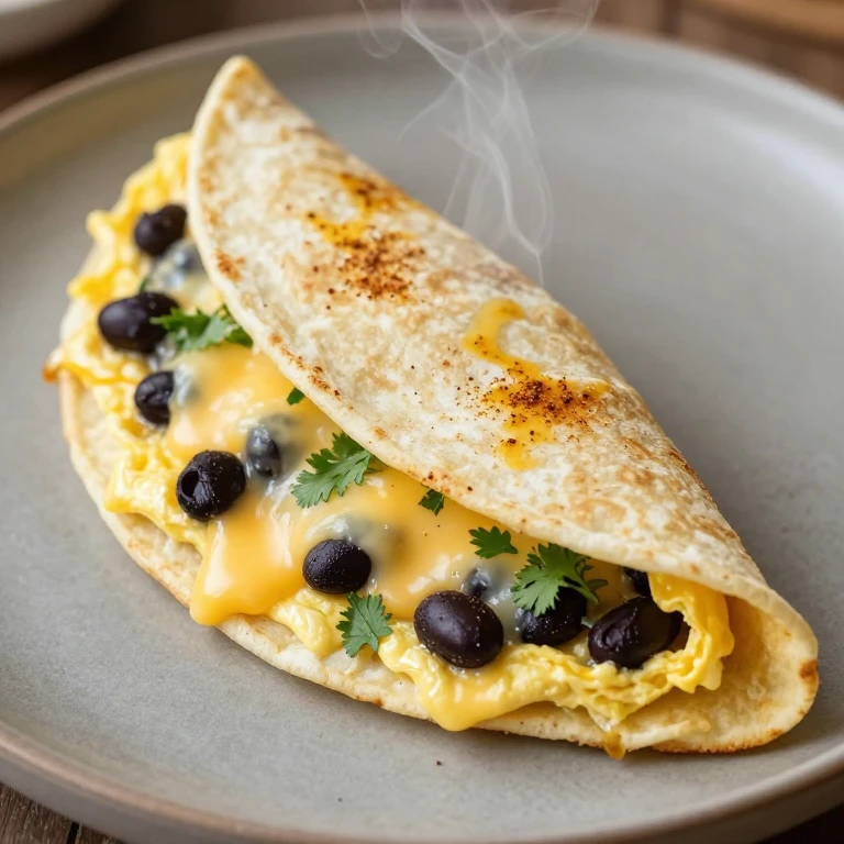 Flour tortilla egg fold with black beans, melted cheese, and fresh cilantro inside