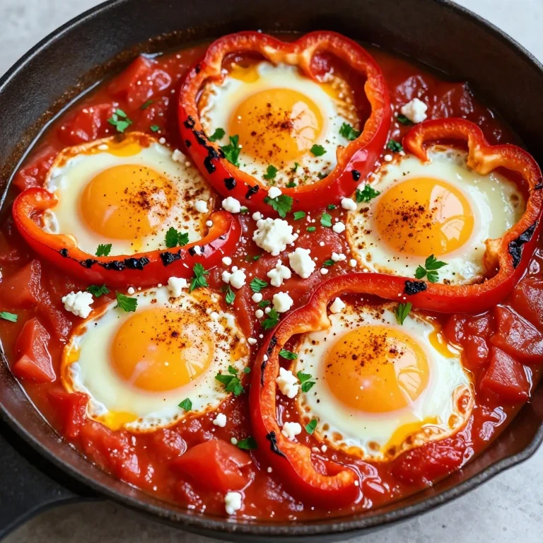 Skillet eggs poached in tomato-pepper sauce with feta and fresh parsley garnish