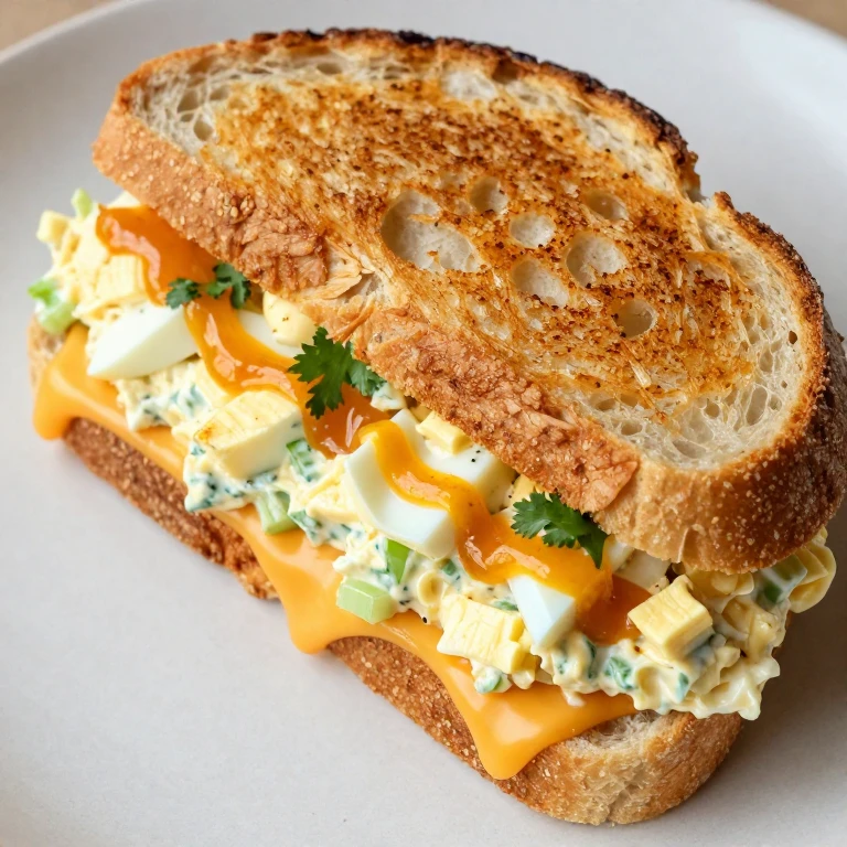Curried egg salad melt on toasted sourdough with melted cheddar and mango chutney