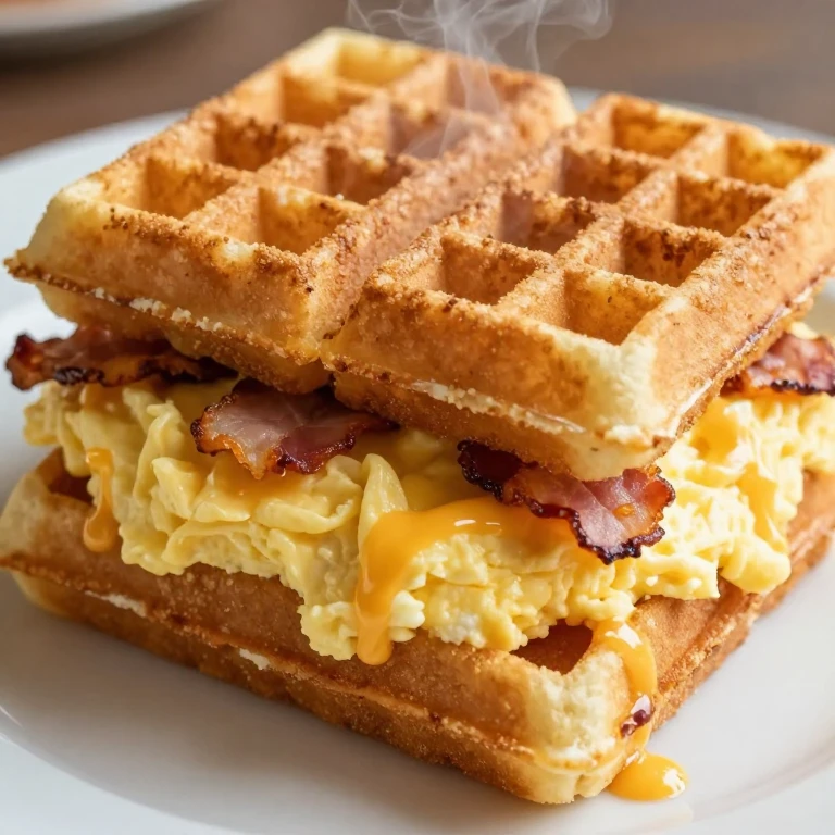 Golden waffle sandwich layered with creamy scrambled eggs, bacon, and melted cheddar