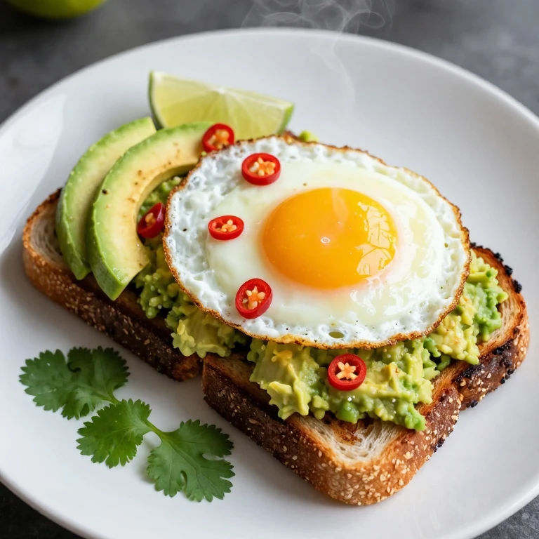 Charred avocado toast with fried egg, chili, and lime on sourdough bread