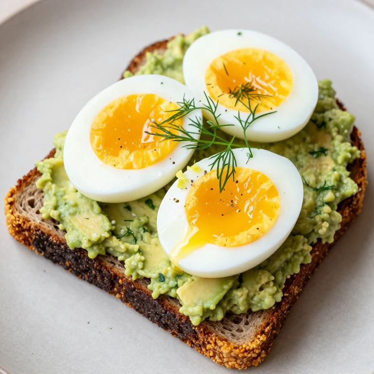 Jammy soft-boiled eggs on dill-avocado rye toast with lemon zest