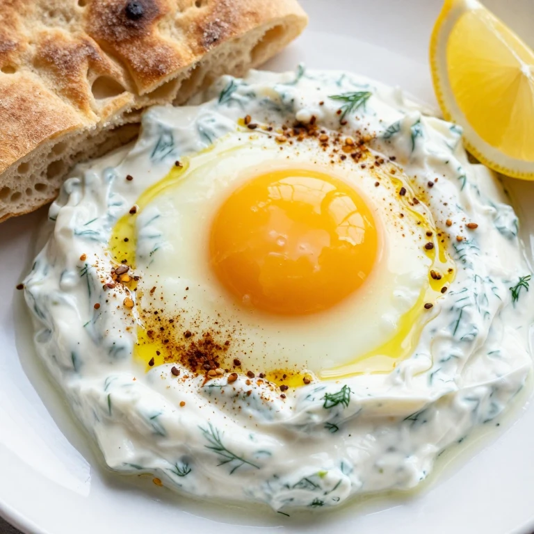 Jammy egg on herby yogurt with toasted cumin seeds and warm pita bread
