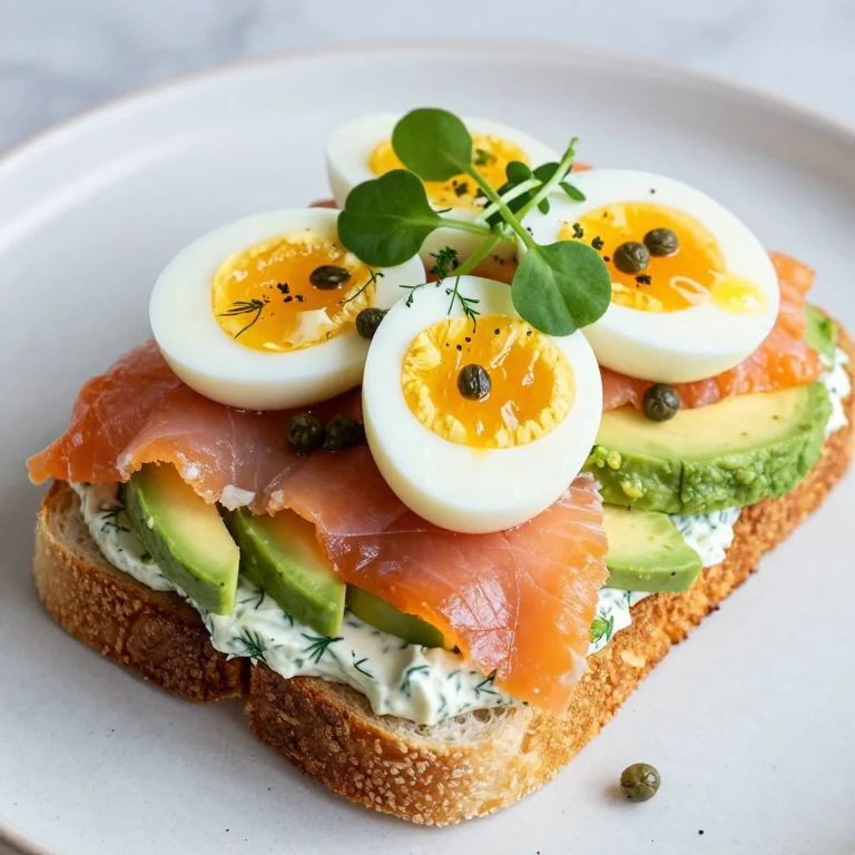 Stacked smoked salmon, egg, and avocado on brioche with dill cream