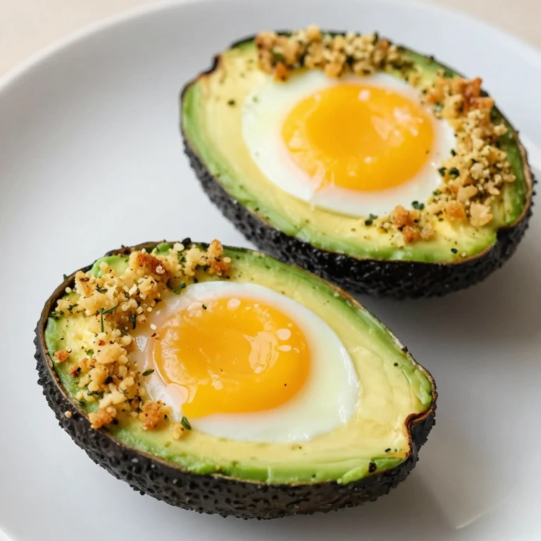 Baked avocado halves with eggs and golden herbed breadcrumb topping