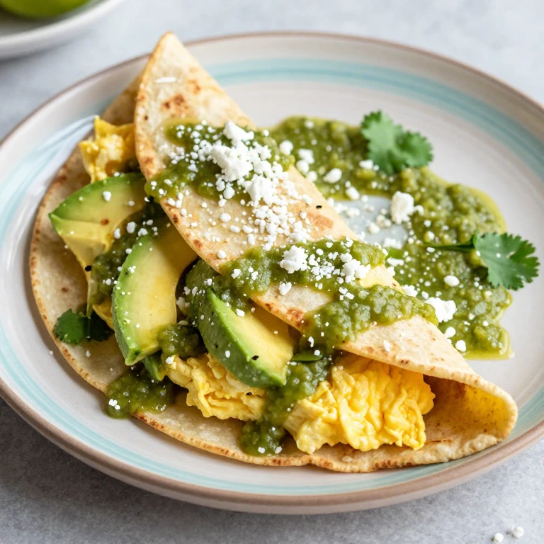 Salsa verde egg fold with avocado and crumbled cotija cheese
