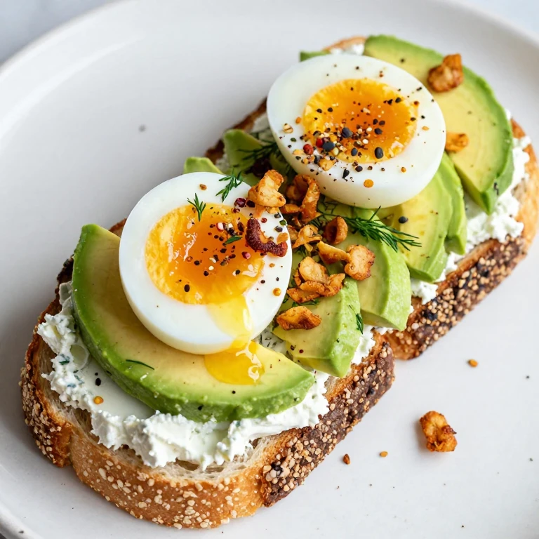 Cottage cheese avocado toast with soft-boiled egg and crispy shallots