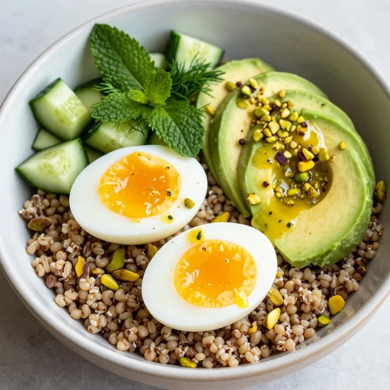 Grain bowl with soft-boiled eggs, avocado, cucumber, and pistachios