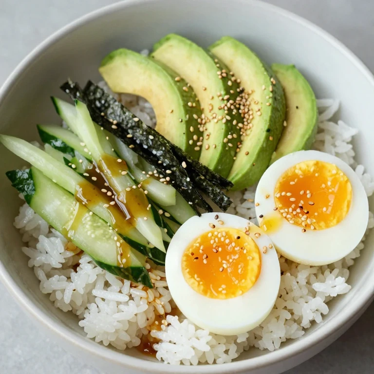 Nori-rice bowl with sesame eggs, avocado, and ginger dressing
