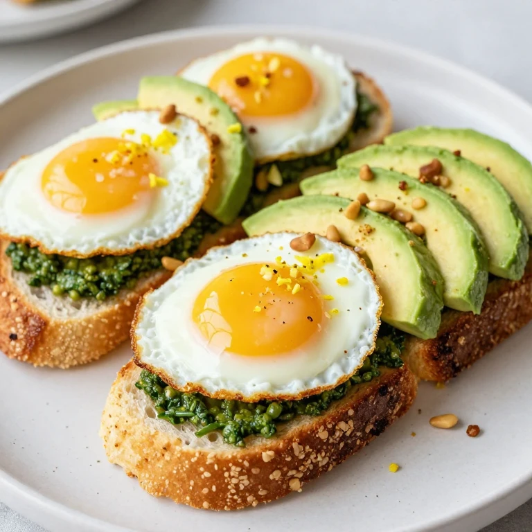 Pesto toast with fried egg, avocado slices, and toasted pine nuts