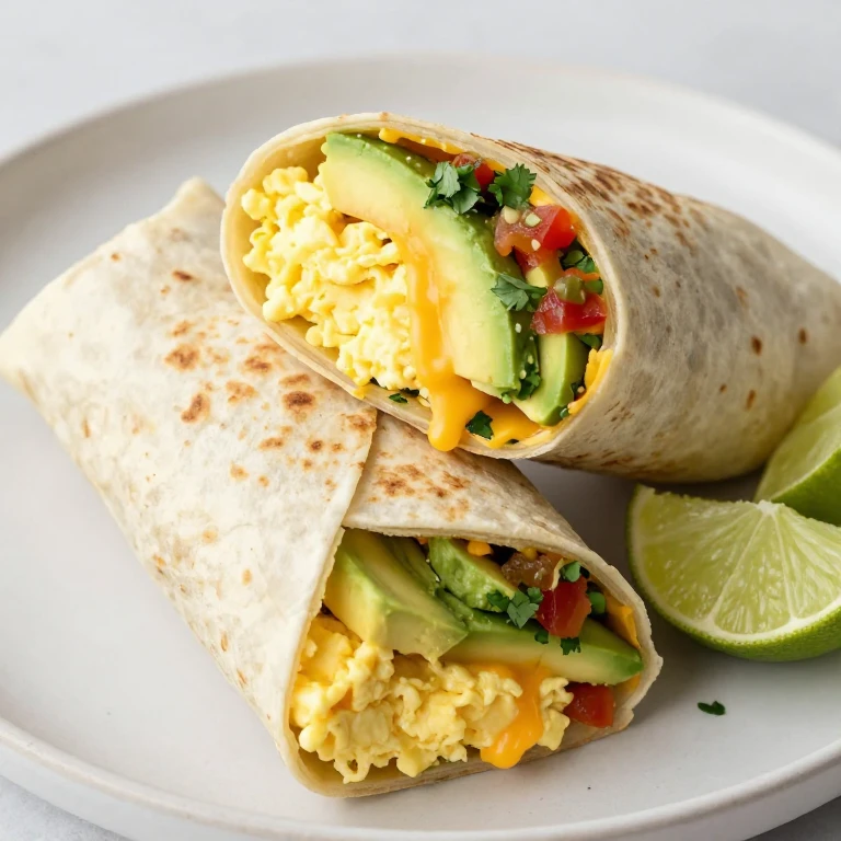 Breakfast burrito wrap with scrambled eggs, avocado, cheese, and salsa