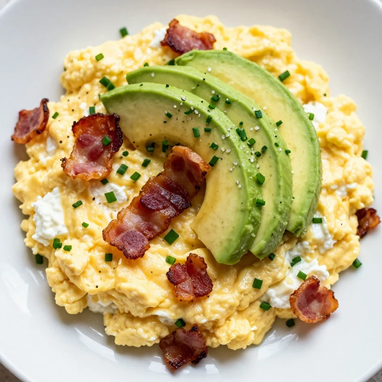 Cottage cheese scramble with avocado, crispy bacon, and fresh chives