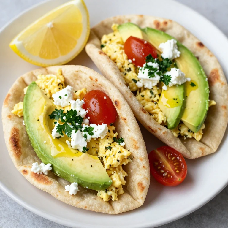 Mediterranean pita pockets filled with eggs, avocado, feta, and tomatoes
