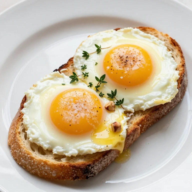 Butter-basted eggs with runny yolks on crispy golden sourdough toast with thyme