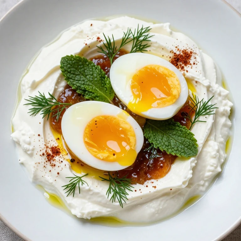Jammy soft-boiled eggs in creamy yogurt with fresh herbs and sumac