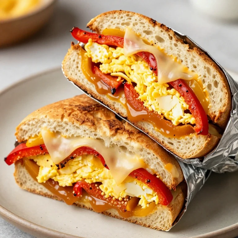 Hero sandwich filled with caramelized peppers, creamy eggs, and melted provolone