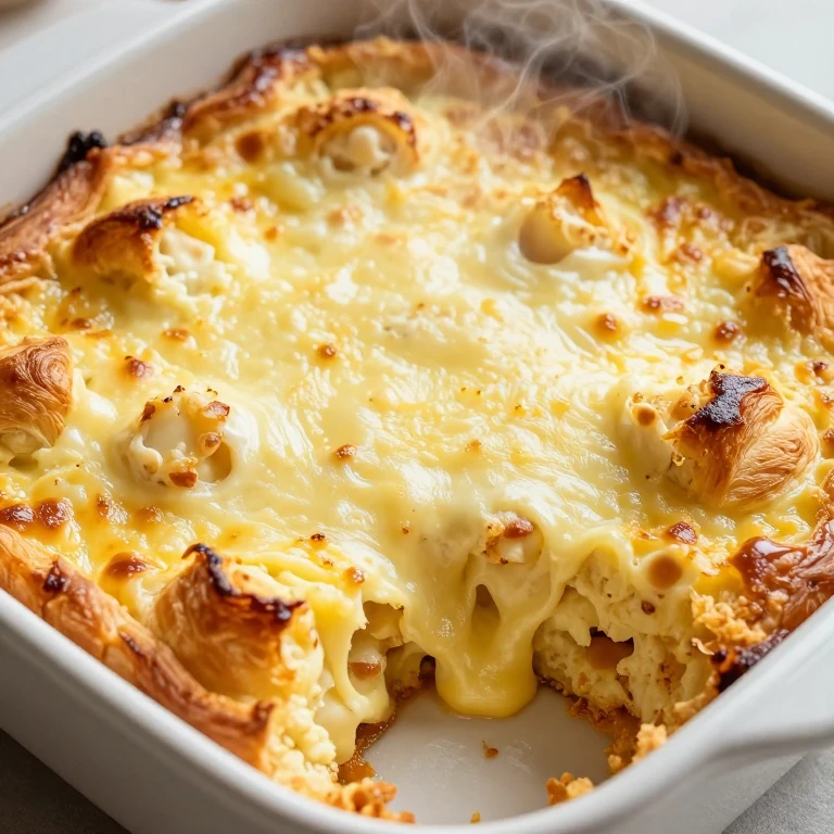 Golden baked croissant egg casserole with melted Gruyère cheese on top