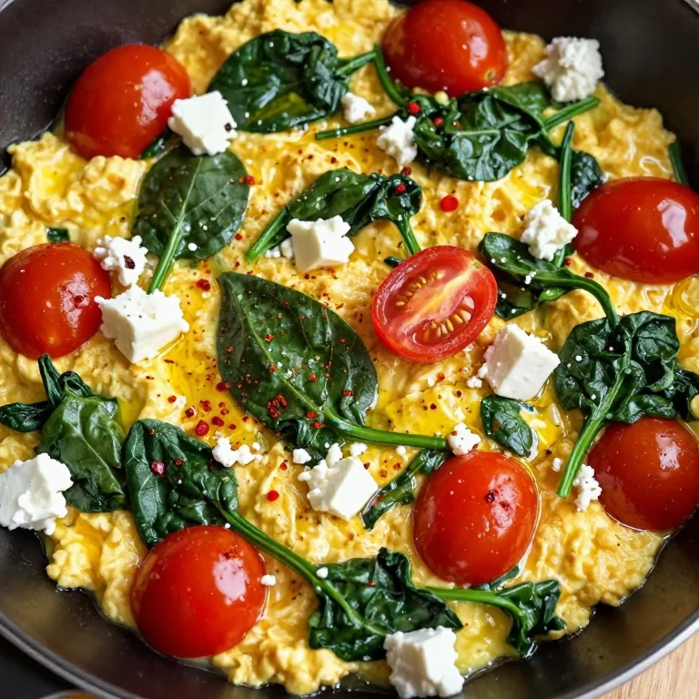 Creamy scrambled eggs with wilted spinach, tomatoes, and crumbled feta cheese