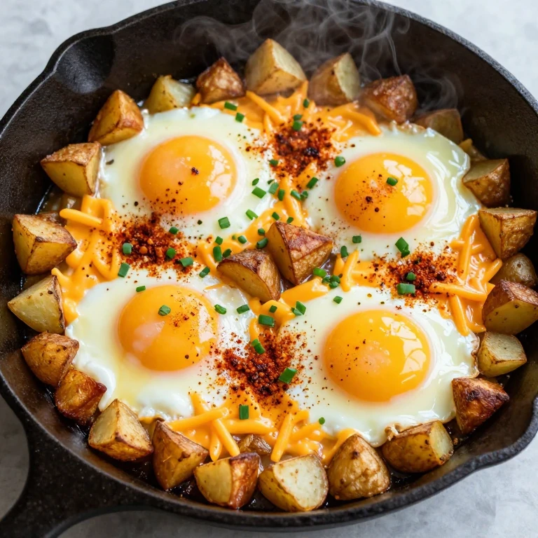 Cast-iron skillet with crispy potatoes, eggs, melted cheddar, and smoked paprika
