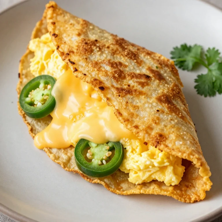 Crispy folded corn tortilla filled with scrambled eggs, cheese, and jalapeños