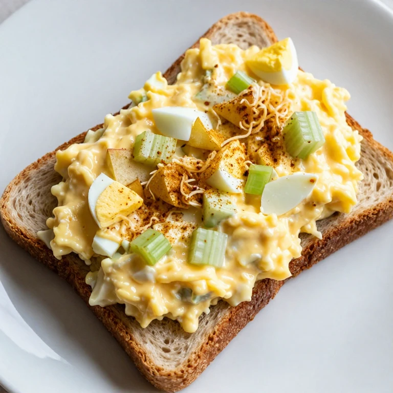 Curried egg salad on buttered rye bread with celery and apple pieces
